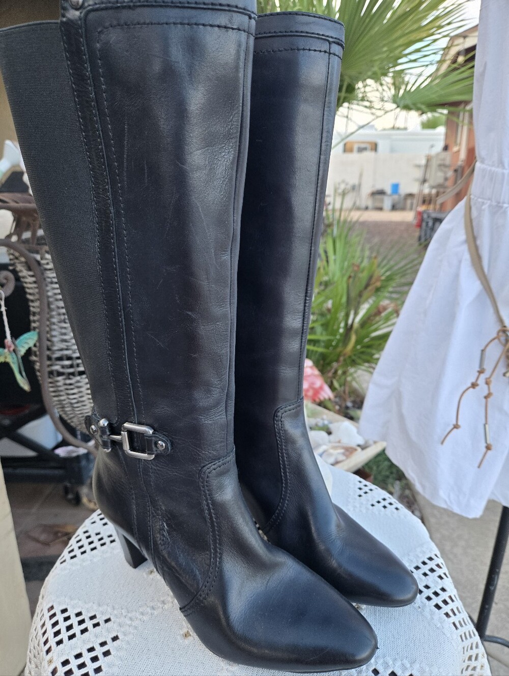 Anne Klein Black Knee-High Buckle Heeled Boots - Picture 7 of 14